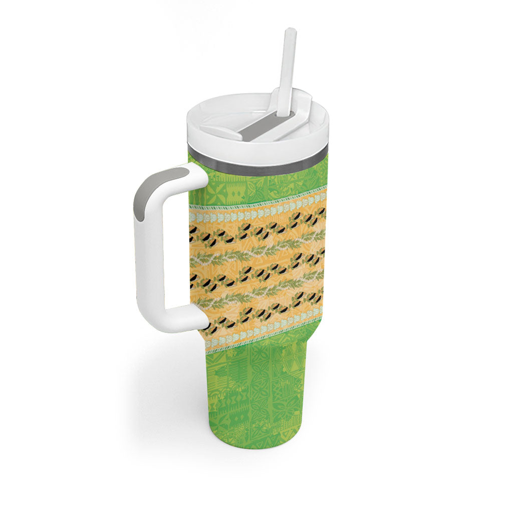 Hawaii Humuhumu Fish Maile Pikake Lei Tumbler With Handle Tribal Tapa Green Version