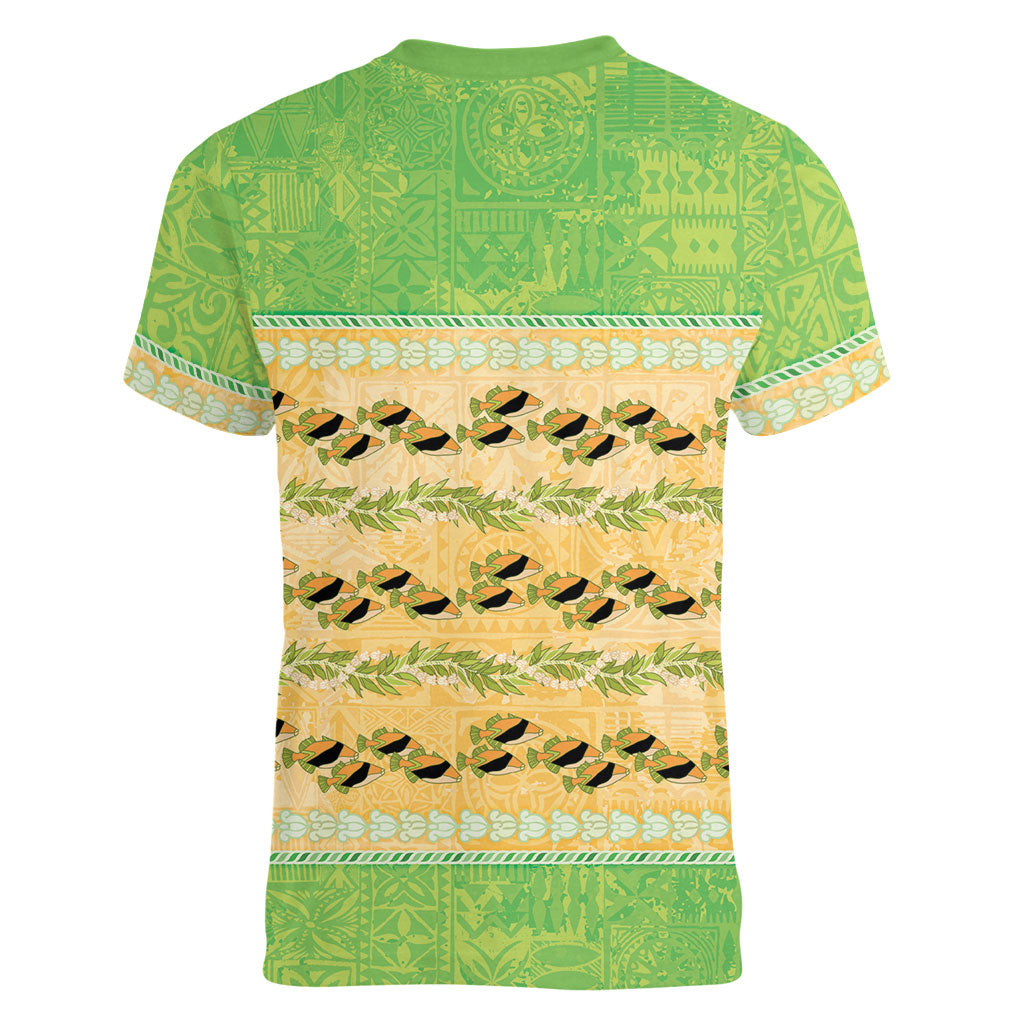 Hawaii Humuhumu Fish Maile Pikake Lei Women V-Neck T-Shirt Tribal Tapa Green Version