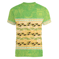Hawaii Humuhumu Fish Maile Pikake Lei Women V-Neck T-Shirt Tribal Tapa Green Version