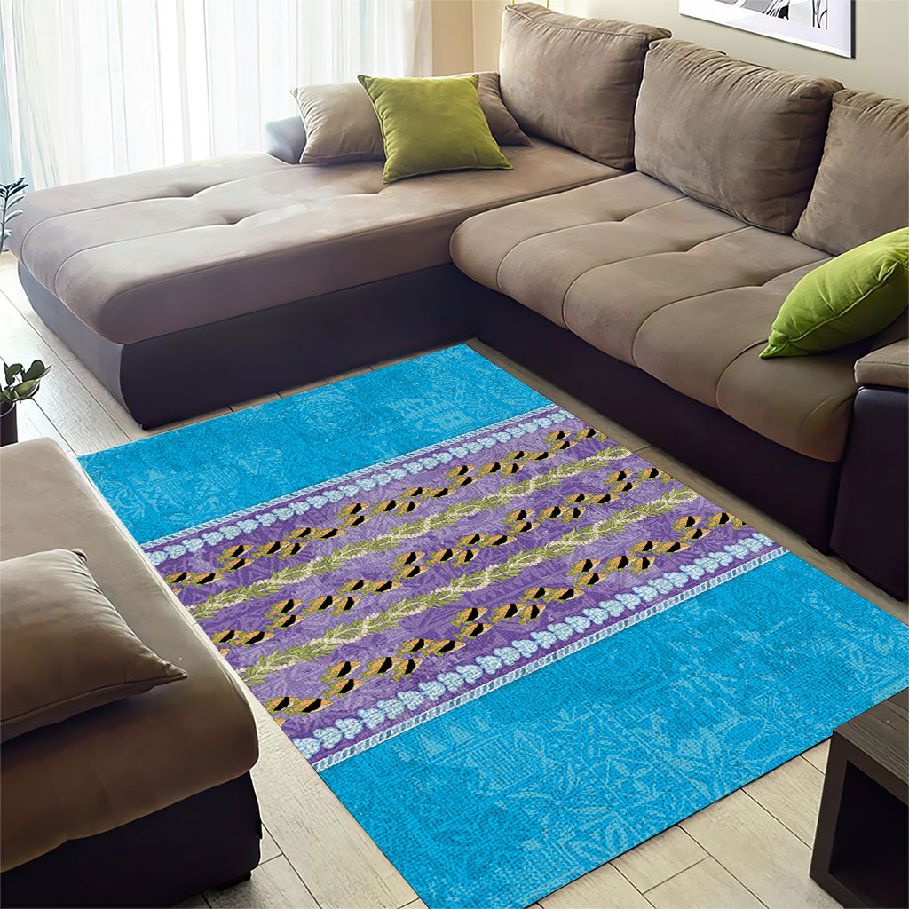 Hawaii Humuhumu Fish Maile Pikake Lei Area Rug Tribal Tapa Blue Version
