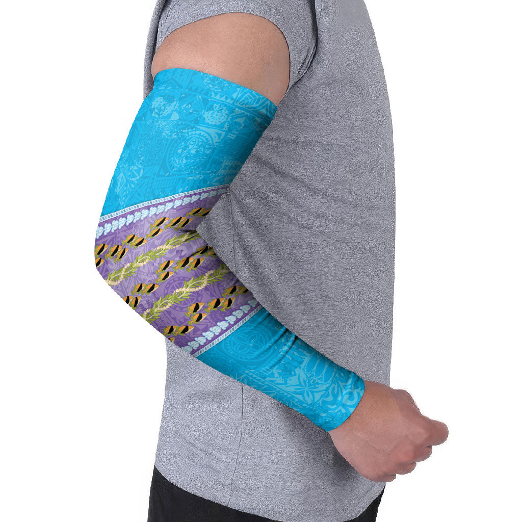 Hawaii Humuhumu Fish Maile Pikake Lei Arm Sleeves Tribal Tapa Blue Version