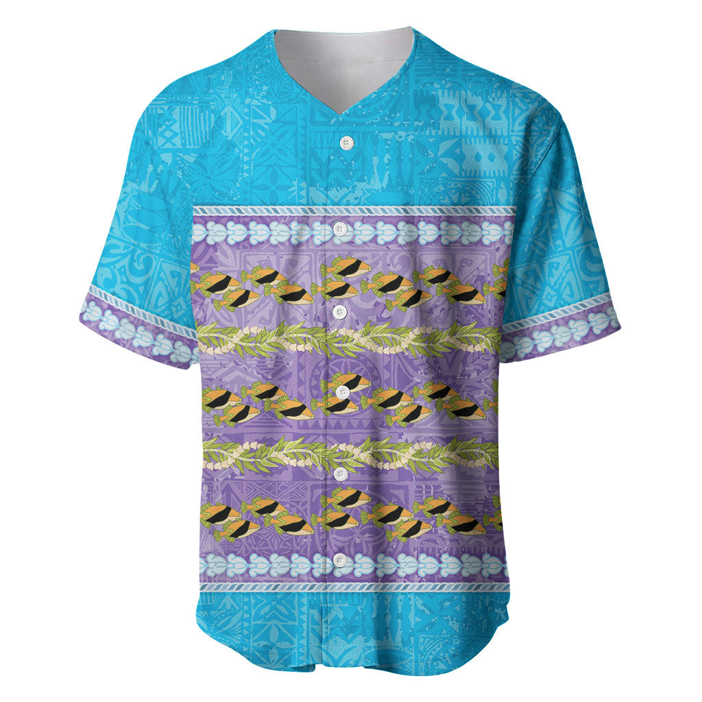 Hawaii Humuhumu Fish Maile Pikake Lei Baseball Jersey Tribal Tapa Blue Version