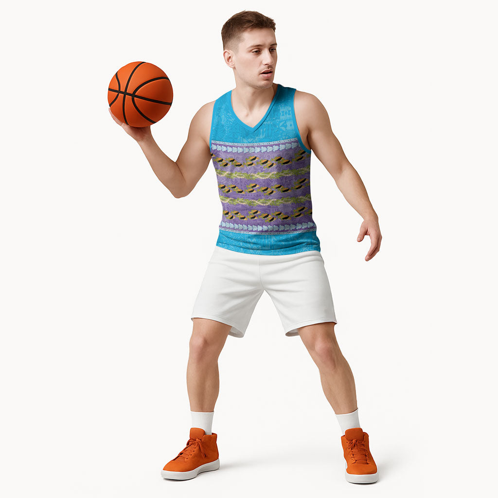 Hawaii Humuhumu Fish Maile Pikake Lei Basketball Jersey Tribal Tapa Blue Version