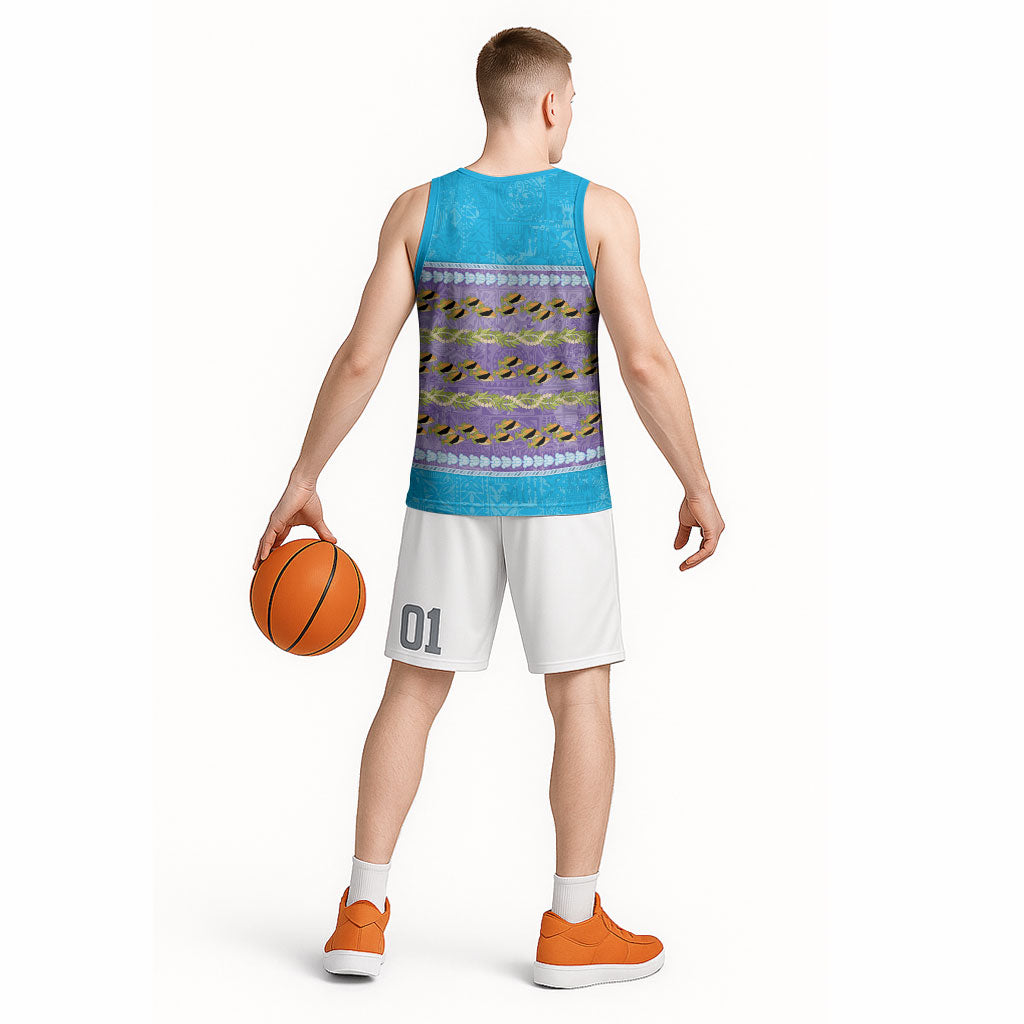 Hawaii Humuhumu Fish Maile Pikake Lei Basketball Jersey Tribal Tapa Blue Version