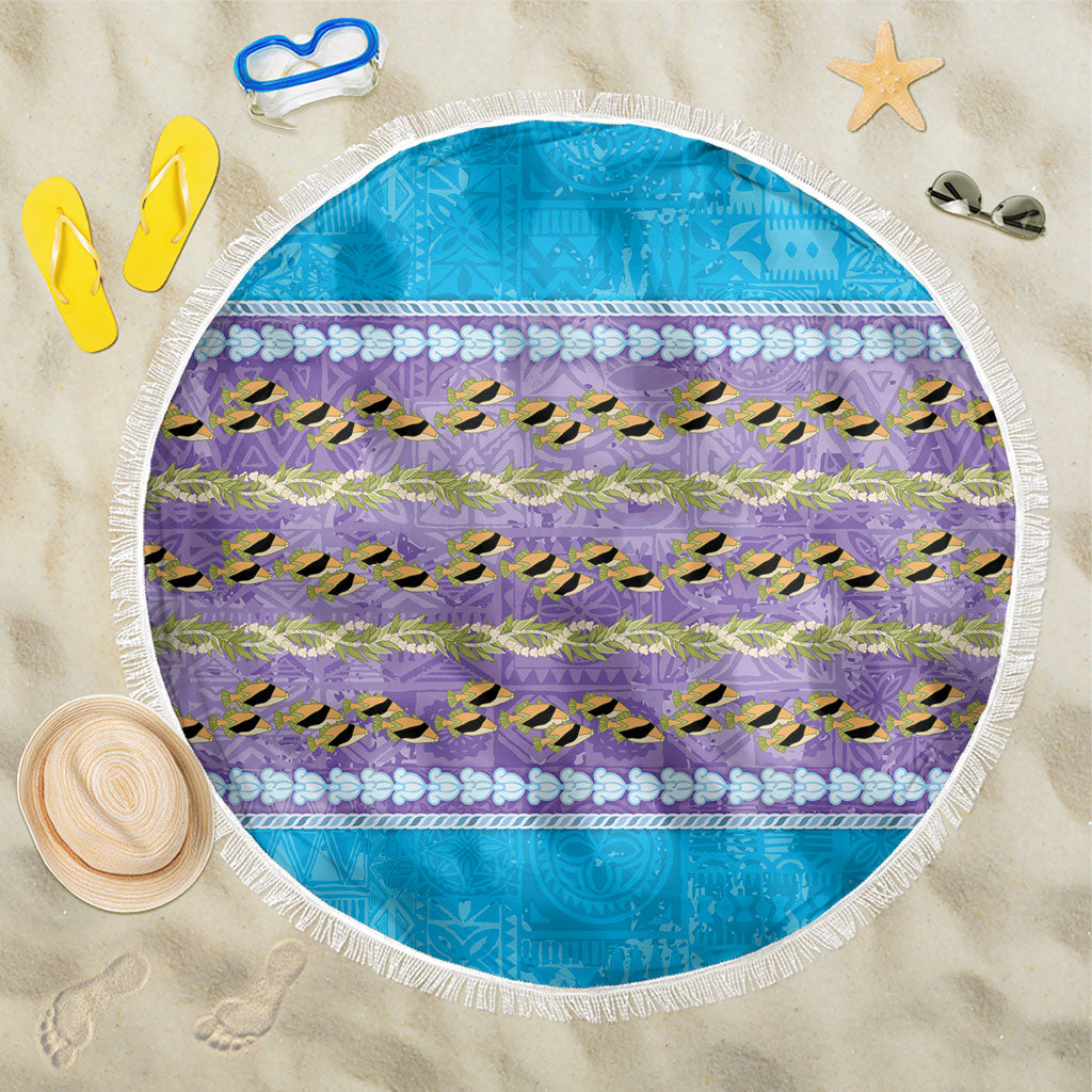 Hawaii Humuhumu Fish Maile Pikake Lei Beach Blanket Tribal Tapa Blue Version