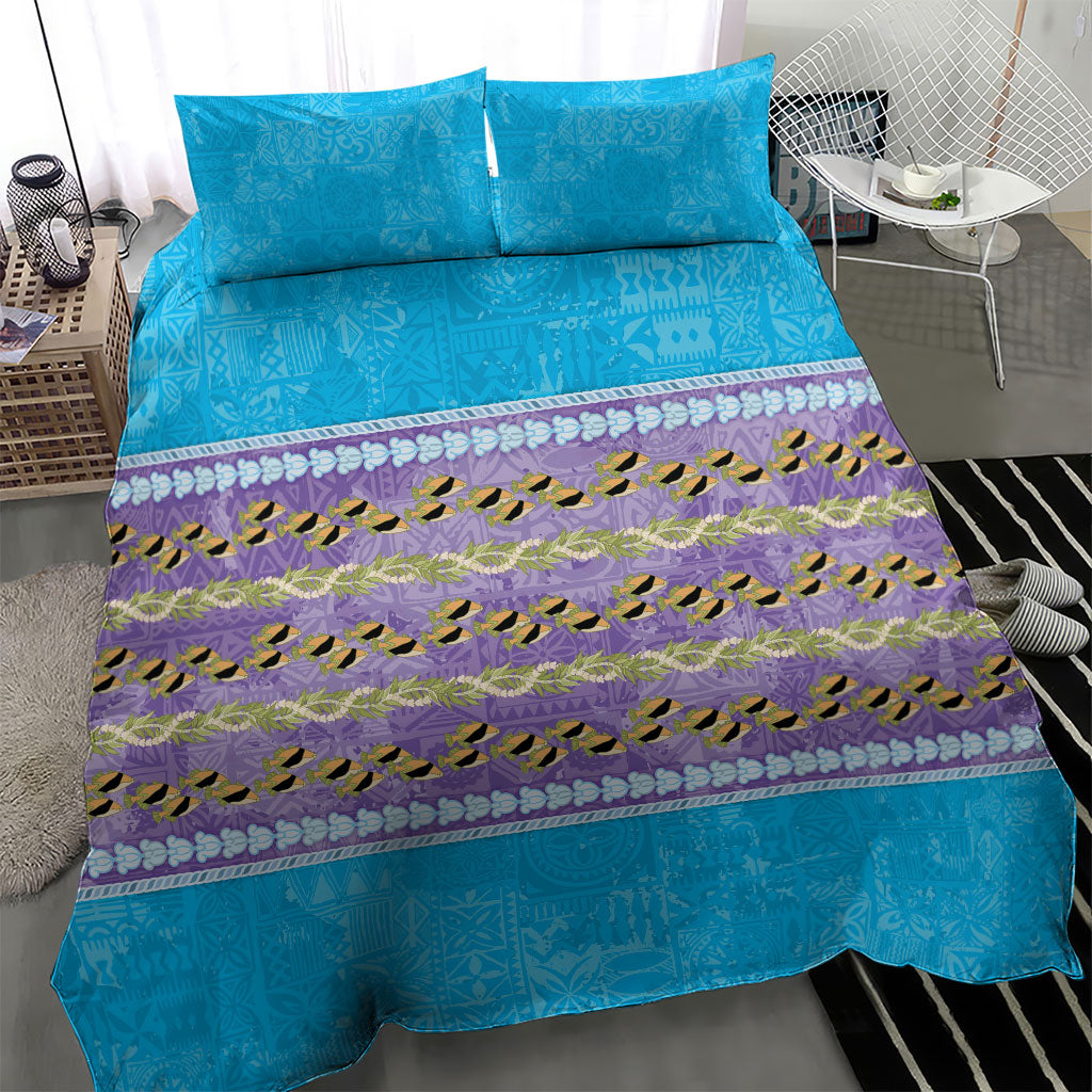 Hawaii Humuhumu Fish Maile Pikake Lei Bedding Set Tribal Tapa Blue Version