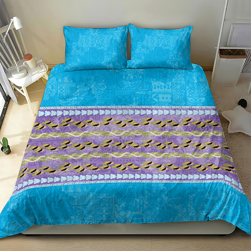 Hawaii Humuhumu Fish Maile Pikake Lei Bedding Set Tribal Tapa Blue Version