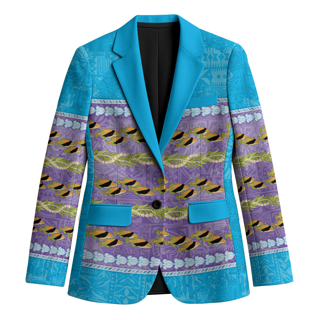 Hawaii Humuhumu Fish Maile Pikake Lei Blazer Tribal Tapa Blue Version