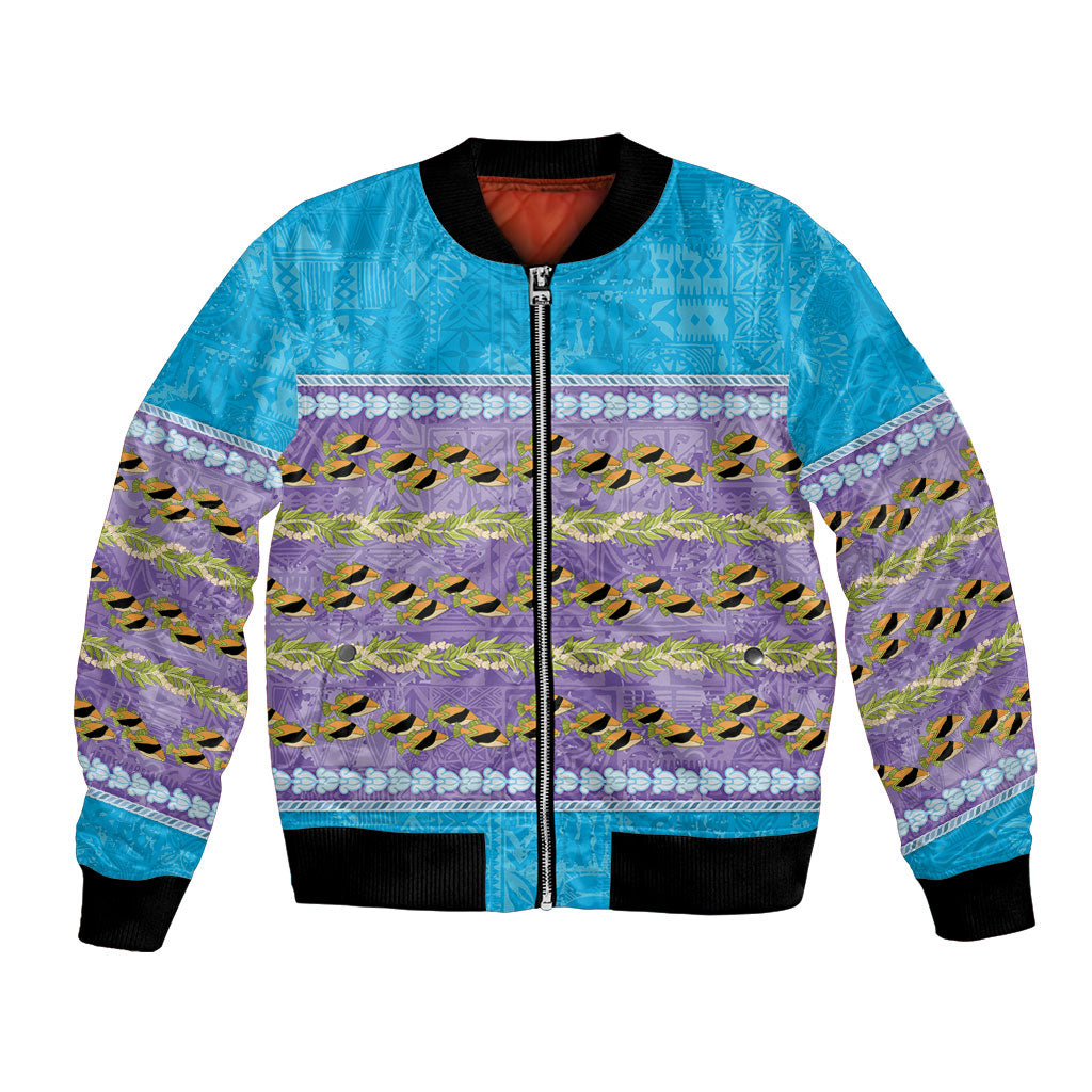 Hawaii Humuhumu Fish Maile Pikake Lei Bomber Jacket Tribal Tapa Blue Version