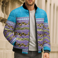 Hawaii Humuhumu Fish Maile Pikake Lei Bomber Puffer Jacket Tribal Tapa Blue Version