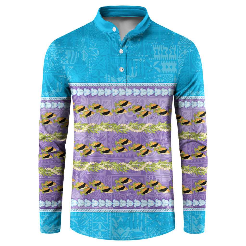 Hawaii Humuhumu Fish Maile Pikake Lei Button Sweatshirt Tribal Tapa Blue Version