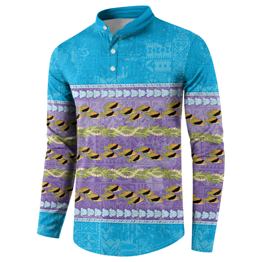 Hawaii Humuhumu Fish Maile Pikake Lei Button Sweatshirt Tribal Tapa Blue Version