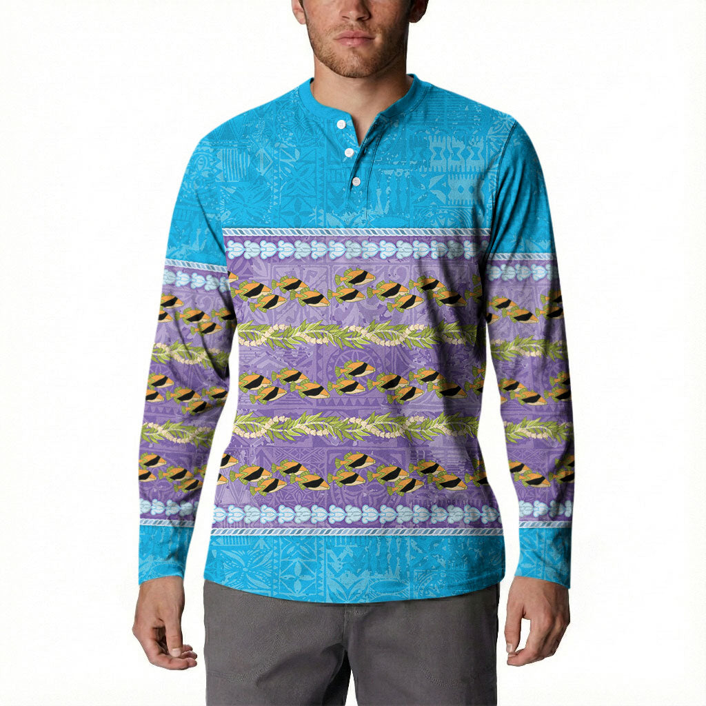 Hawaii Humuhumu Fish Maile Pikake Lei Button Sweatshirt Tribal Tapa Blue Version