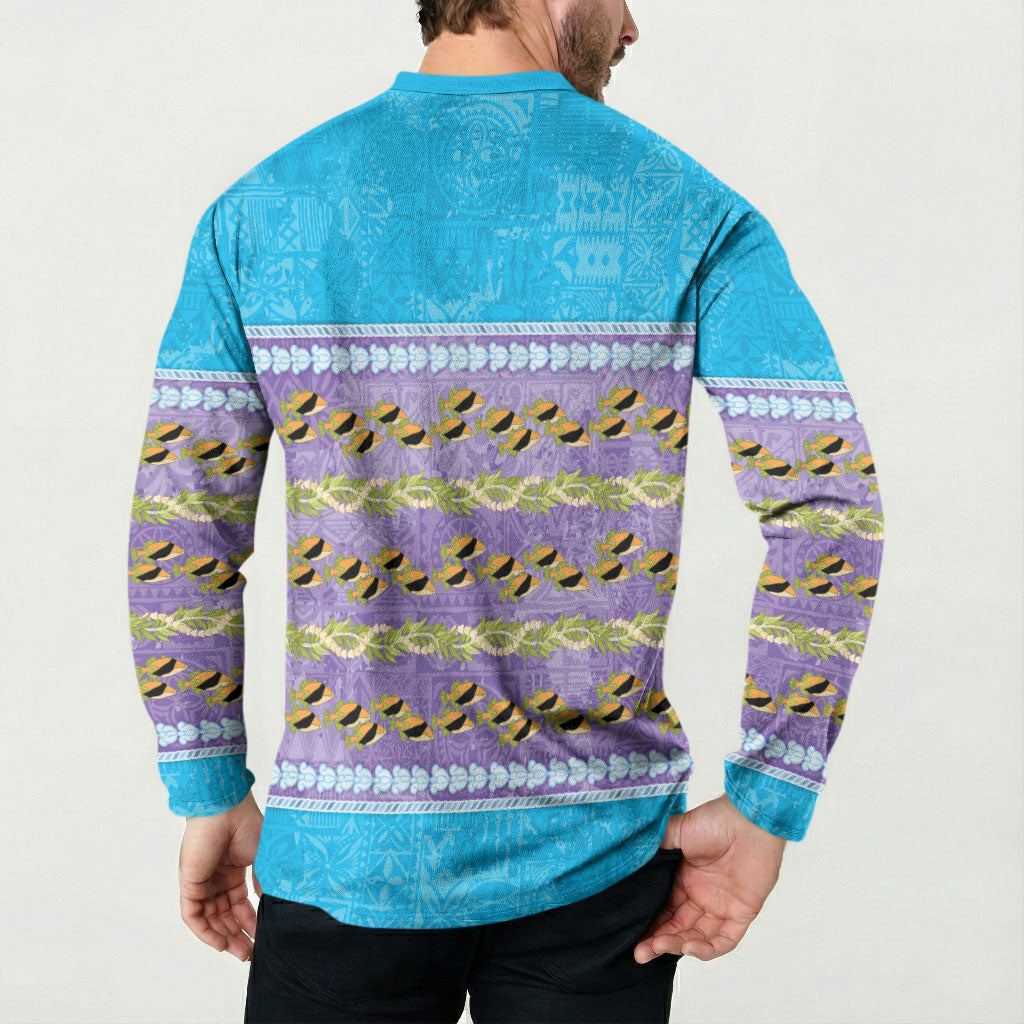 Hawaii Humuhumu Fish Maile Pikake Lei Button Sweatshirt Tribal Tapa Blue Version