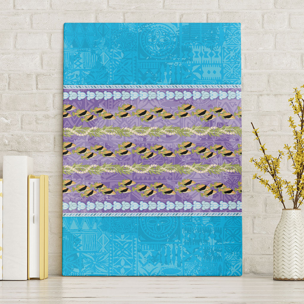 Hawaii Humuhumu Fish Maile Pikake Lei Canvas Wall Art Tribal Tapa Blue Version