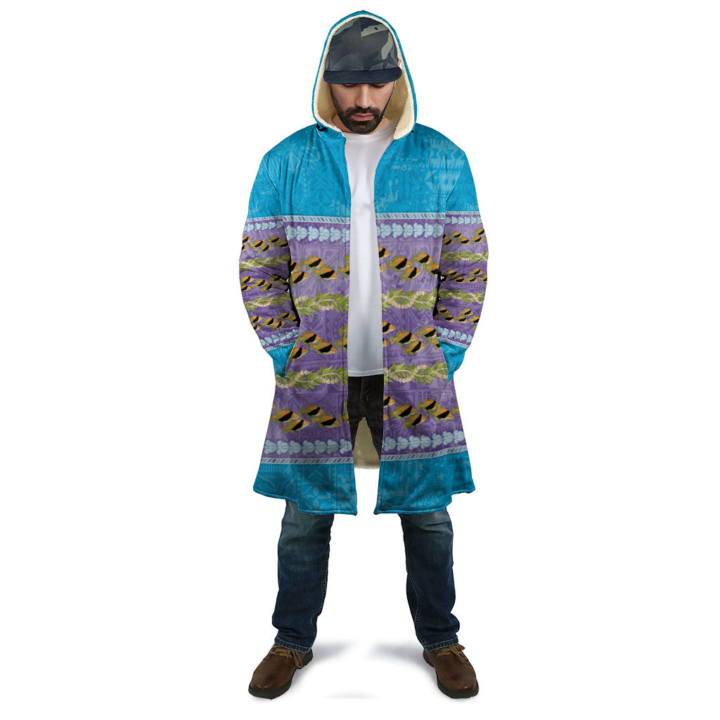 Hawaii Humuhumu Fish Maile Pikake Lei Cloak Tribal Tapa Blue Version