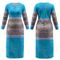 Hawaii Humuhumu Fish Maile Pikake Lei Couples Matching Long Sleeve Bodycon Dress and Long Sleeve Button Shirt Tribal Tapa Blue Version