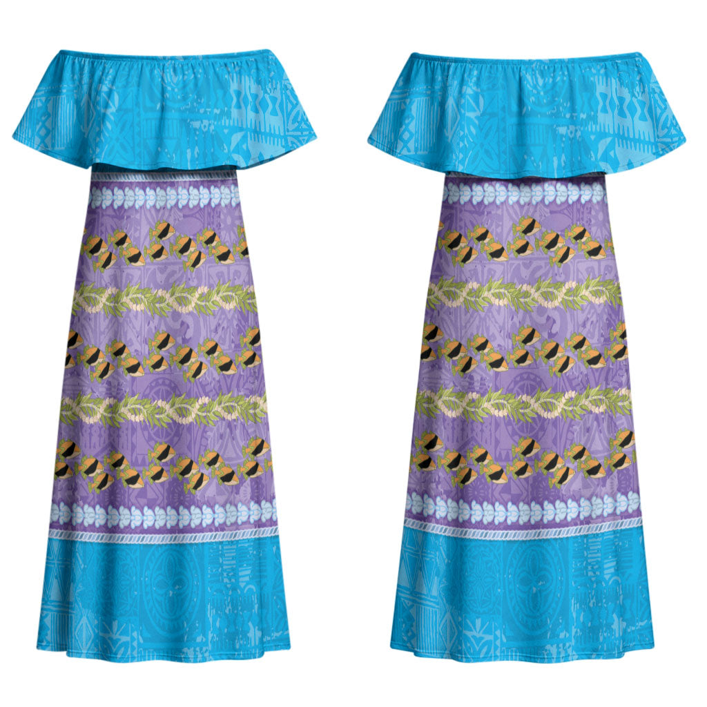 Hawaii Humuhumu Fish Maile Pikake Lei Couples Matching Off Shoulder Maxi Dress and Long Sleeve Button Shirt Tribal Tapa Blue Version