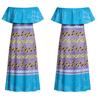 Hawaii Humuhumu Fish Maile Pikake Lei Couples Matching Off Shoulder Maxi Dress and Long Sleeve Button Shirt Tribal Tapa Blue Version