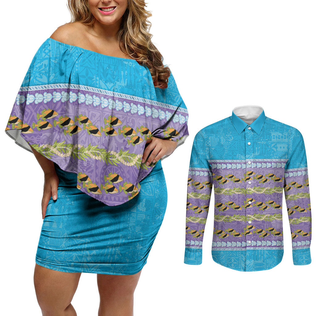 Hawaii Humuhumu Fish Maile Pikake Lei Couples Matching Off Shoulder Short Dress and Long Sleeve Button Shirt Tribal Tapa Blue Version