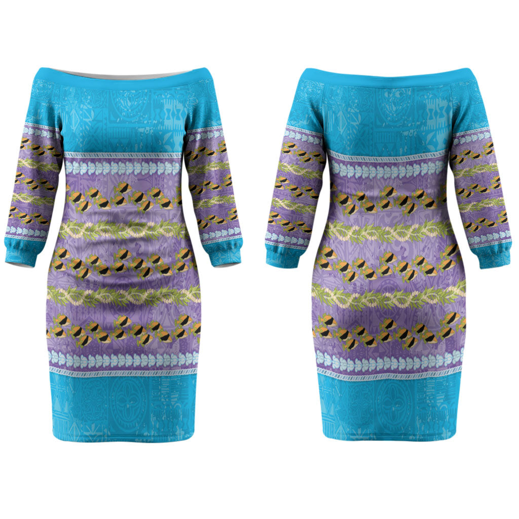 Hawaii Humuhumu Fish Maile Pikake Lei Couples Matching Off The Shoulder Long Sleeve Dress and Long Sleeve Button Shirt Tribal Tapa Blue Version