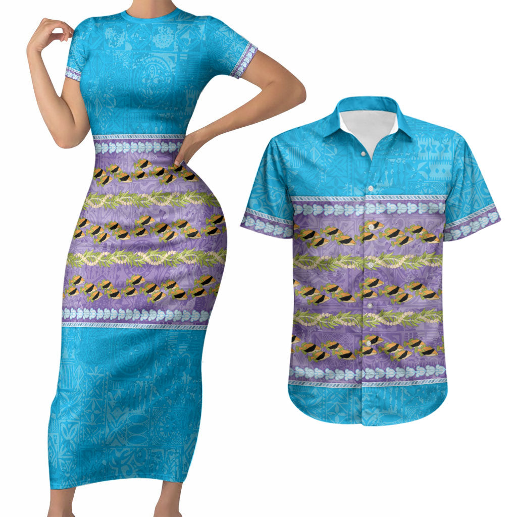 Hawaii Humuhumu Fish Maile Pikake Lei Couples Matching Short Sleeve Bodycon Dress and Hawaiian Shirt Tribal Tapa Blue Version