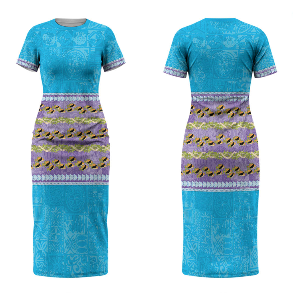 Hawaii Humuhumu Fish Maile Pikake Lei Couples Matching Short Sleeve Bodycon Dress and Long Sleeve Button Shirt Tribal Tapa Blue Version