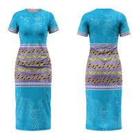 Hawaii Humuhumu Fish Maile Pikake Lei Couples Matching Short Sleeve Bodycon Dress and Long Sleeve Button Shirt Tribal Tapa Blue Version