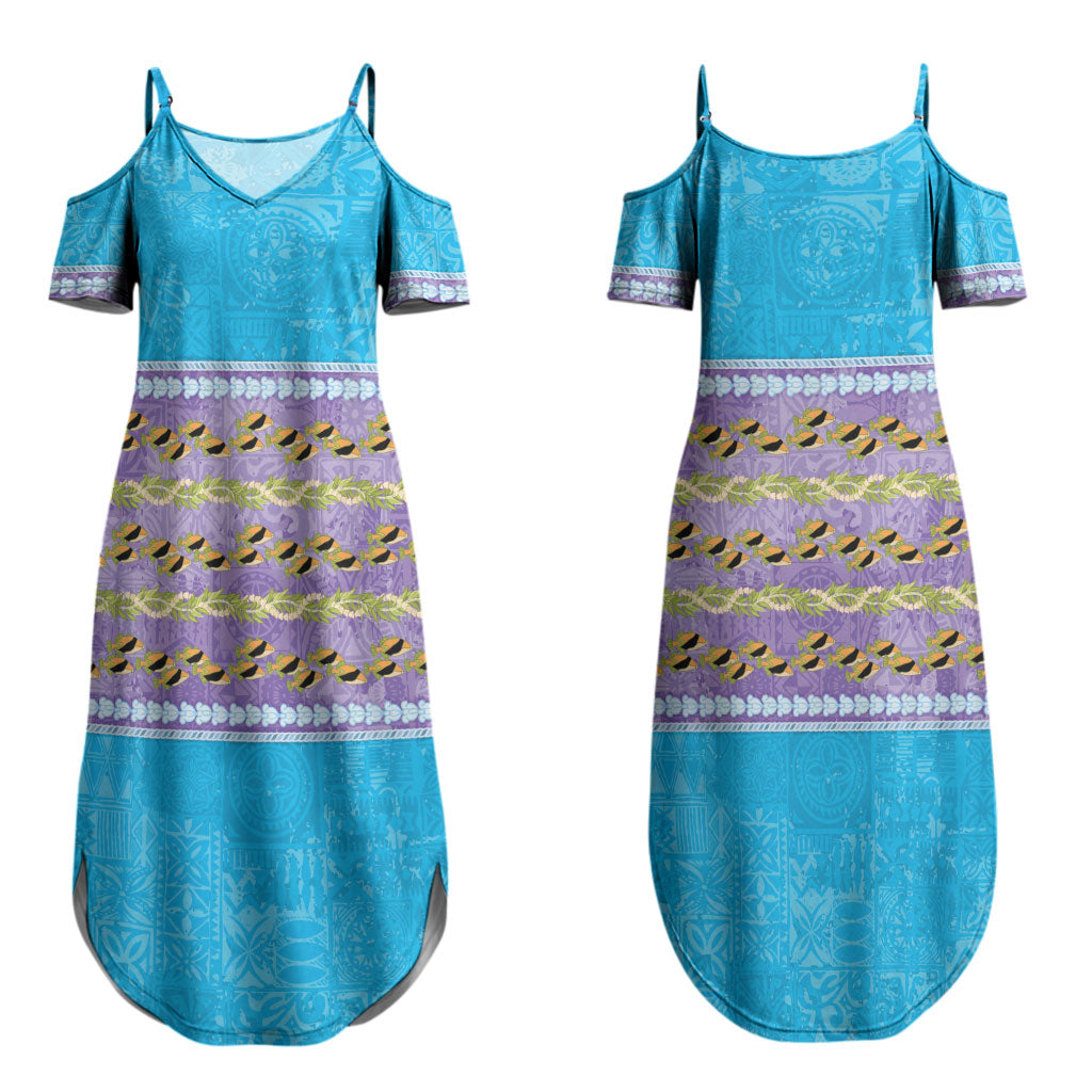 Hawaii Humuhumu Fish Maile Pikake Lei Couples Matching Summer Maxi Dress and Hawaiian Shirt Tribal Tapa Blue Version