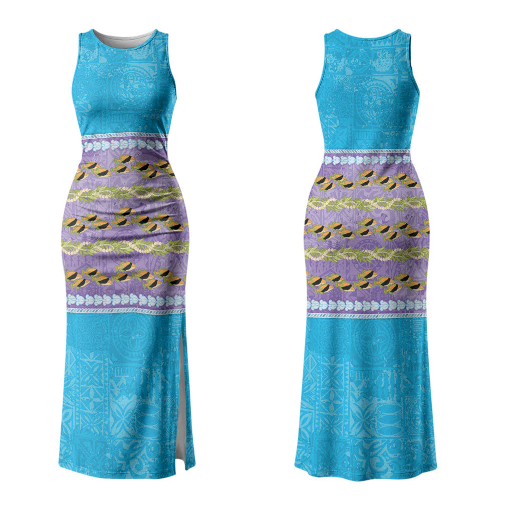 Hawaii Humuhumu Fish Maile Pikake Lei Couples Matching Tank Maxi Dress and Long Sleeve Button Shirt Tribal Tapa Blue Version