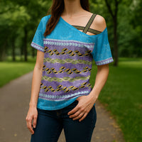 Hawaii Humuhumu Fish Maile Pikake Lei Cross Shoulder Shirt Tribal Tapa Blue Version
