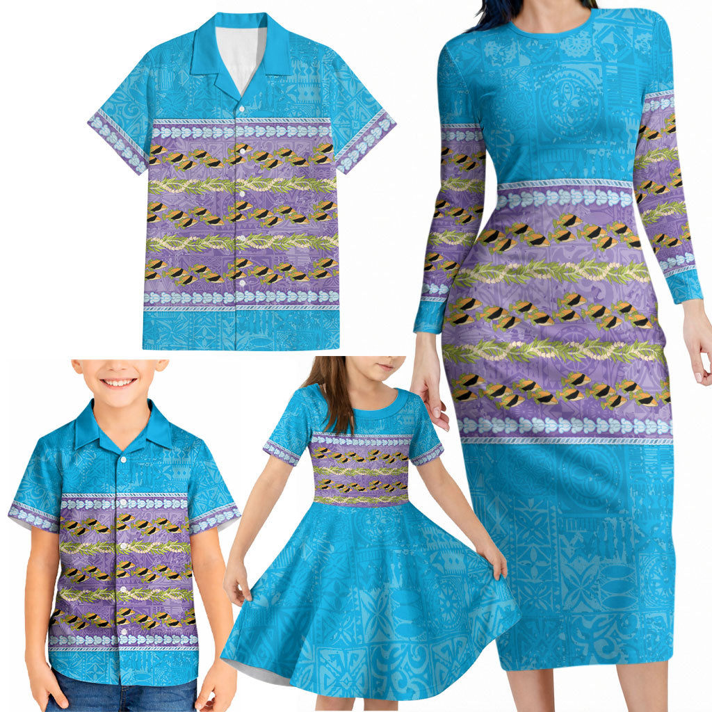 Hawaii Humuhumu Fish Maile Pikake Lei Family Matching Long Sleeve Bodycon Dress and Hawaiian Shirt Tribal Tapa Blue Version