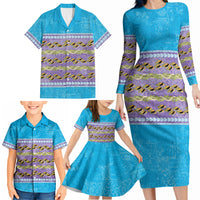 Hawaii Humuhumu Fish Maile Pikake Lei Family Matching Long Sleeve Bodycon Dress and Hawaiian Shirt Tribal Tapa Blue Version