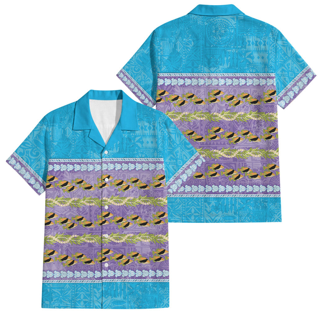 Hawaii Humuhumu Fish Maile Pikake Lei Family Matching Long Sleeve Bodycon Dress and Hawaiian Shirt Tribal Tapa Blue Version