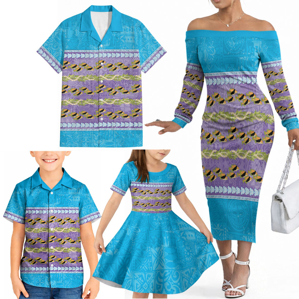 Hawaii Humuhumu Fish Maile Pikake Lei Family Matching Off The Shoulder Long Sleeve Dress and Hawaiian Shirt Tribal Tapa Blue Version LT05 - Polynesian Pride