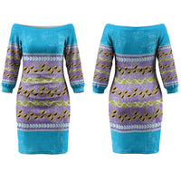 Hawaii Humuhumu Fish Maile Pikake Lei Family Matching Off The Shoulder Long Sleeve Dress and Hawaiian Shirt Tribal Tapa Blue Version