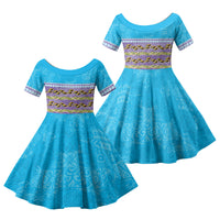 Hawaii Humuhumu Fish Maile Pikake Lei Family Matching Off Shoulder Maxi Dress and Hawaiian Shirt Tribal Tapa Blue Version