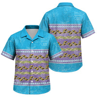 Hawaii Humuhumu Fish Maile Pikake Lei Family Matching Off Shoulder Maxi Dress and Hawaiian Shirt Tribal Tapa Blue Version