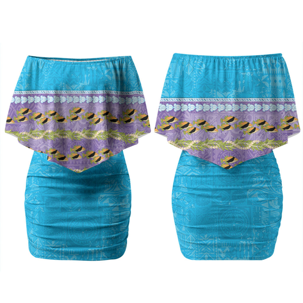 Hawaii Humuhumu Fish Maile Pikake Lei Family Matching Off Shoulder Short Dress and Hawaiian Shirt Tribal Tapa Blue Version