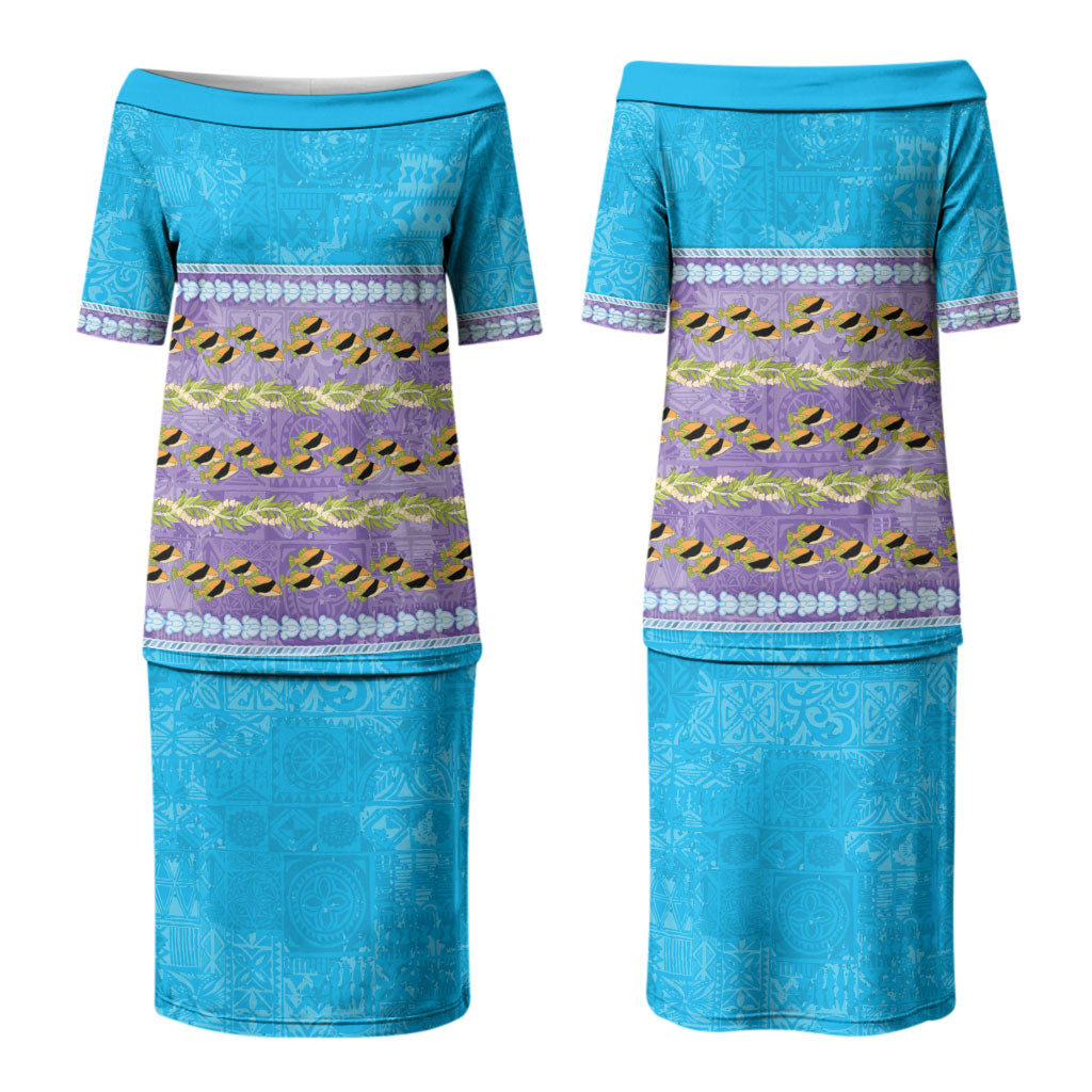 Hawaii Humuhumu Fish Maile Pikake Lei Family Matching Puletasi and Hawaiian Shirt Tribal Tapa Blue Version