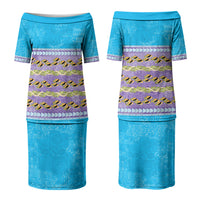 Hawaii Humuhumu Fish Maile Pikake Lei Family Matching Puletasi and Hawaiian Shirt Tribal Tapa Blue Version