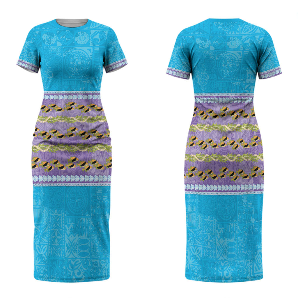 Hawaii Humuhumu Fish Maile Pikake Lei Family Matching Short Sleeve Bodycon Dress and Hawaiian Shirt Tribal Tapa Blue Version