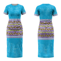 Hawaii Humuhumu Fish Maile Pikake Lei Family Matching Short Sleeve Bodycon Dress and Hawaiian Shirt Tribal Tapa Blue Version