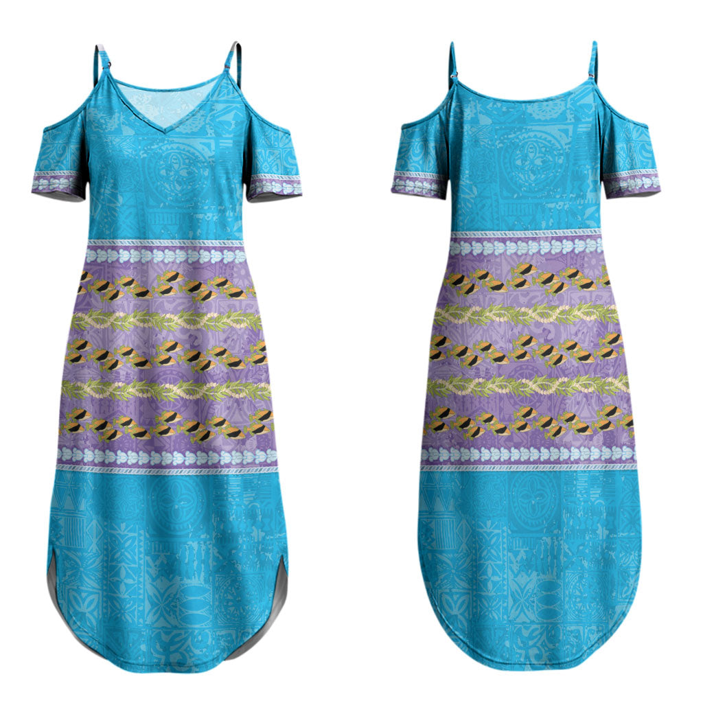 Hawaii Humuhumu Fish Maile Pikake Lei Family Matching Summer Maxi Dress and Hawaiian Shirt Tribal Tapa Blue Version
