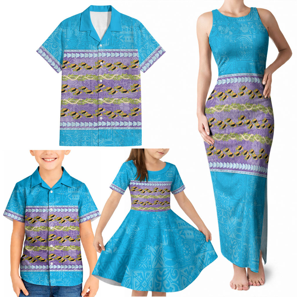 Hawaii Humuhumu Fish Maile Pikake Lei Family Matching Tank Maxi Dress and Hawaiian Shirt Tribal Tapa Blue Version LT05 - Polynesian Pride