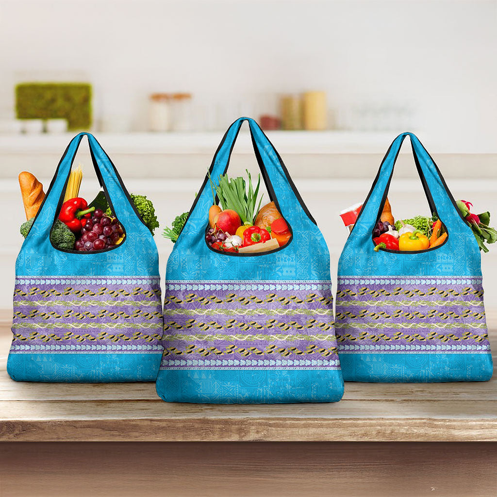 Hawaii Humuhumu Fish Maile Pikake Lei Grocery Bag Tribal Tapa Blue Version