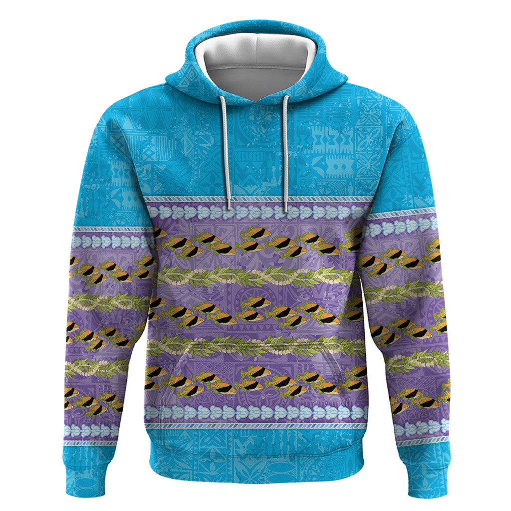 Hawaii Humuhumu Fish Maile Pikake Lei Hoodie Tribal Tapa Blue Version