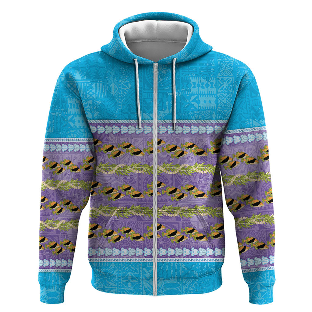 Hawaii Humuhumu Fish Maile Pikake Lei Hoodie Tribal Tapa Blue Version