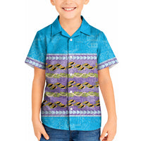 Hawaii Humuhumu Fish Maile Pikake Lei Kid Hawaiian Shirt Tribal Tapa Blue Version