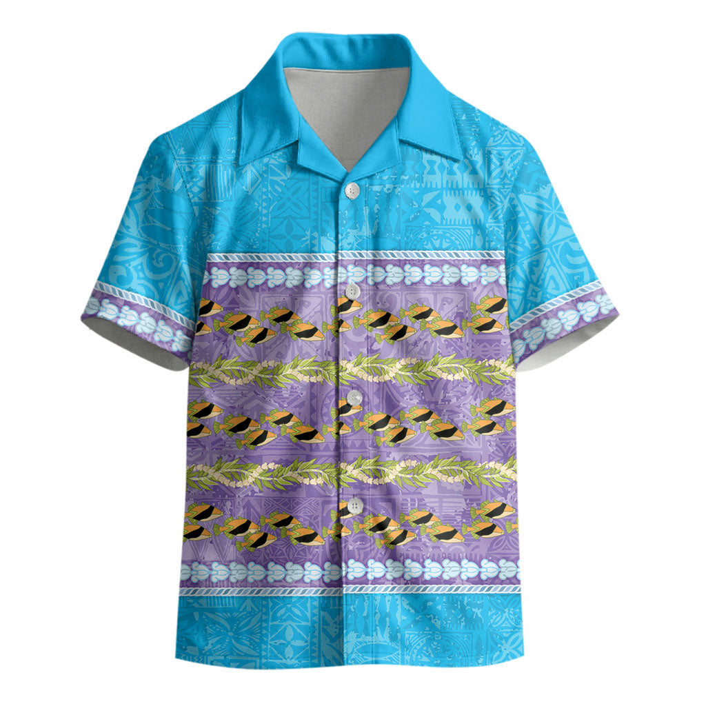 Hawaii Humuhumu Fish Maile Pikake Lei Kid Hawaiian Shirt Tribal Tapa Blue Version